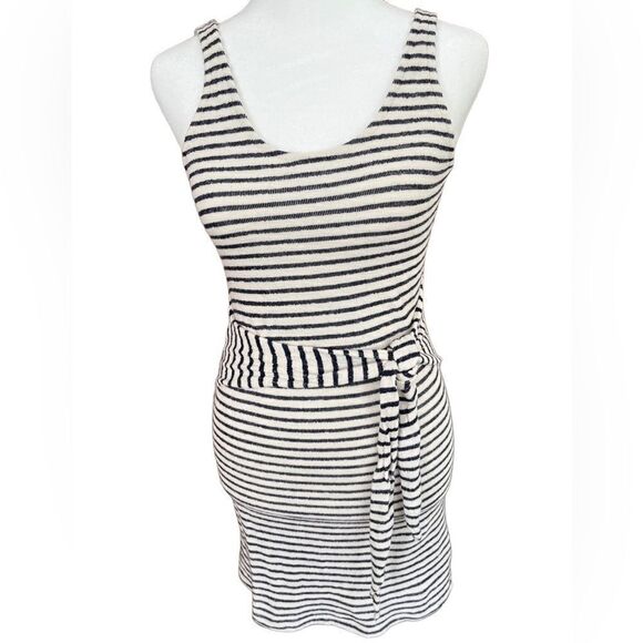 EVERLY black/cream striped tank style fitted dress with waist tie, size S - Picture 1 of 5